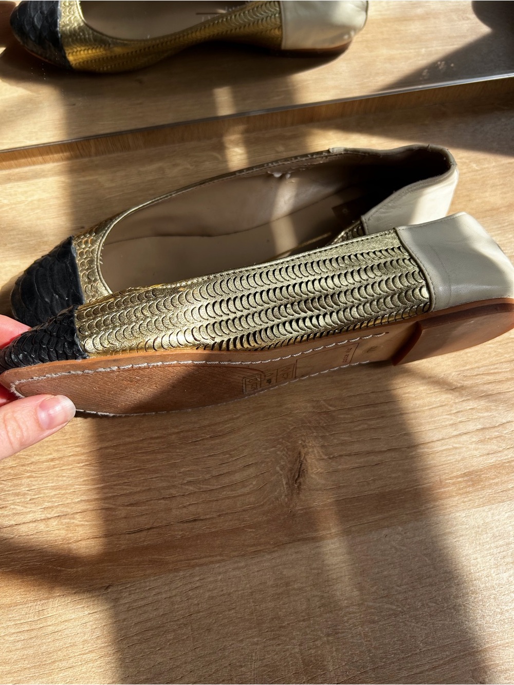 Dolce Vita Gold and Black Textured Cap-Toe Ballet Flats - Picture 3 of 6